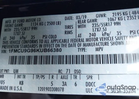 2019 Ford Escape Se из США, поврежденный, VIN 1FMCU9G96KUB66380